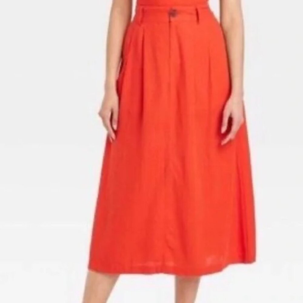 A New Day Orange Red Undertones Linen Cotton Blend Midi Skirt NWT 2X